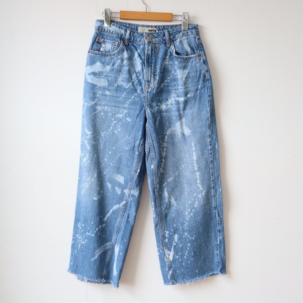 Topshop Moto Wide Leg Bleach Pattern Distressed Raw Hem Blue Jeans